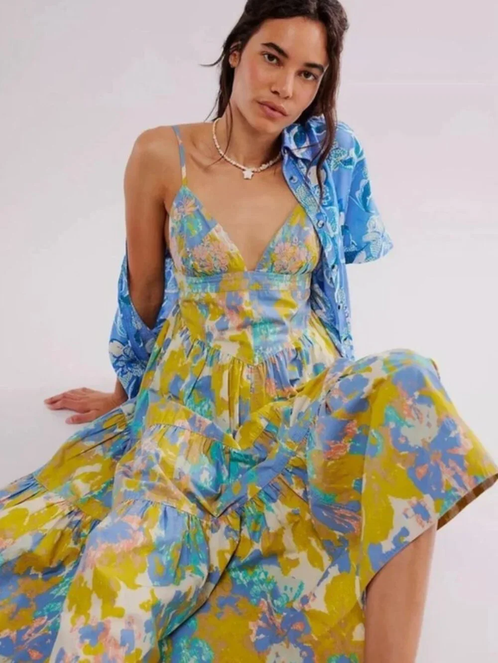 Free People Long Love Midi Dress Printed V Neck Straps Tiered New S